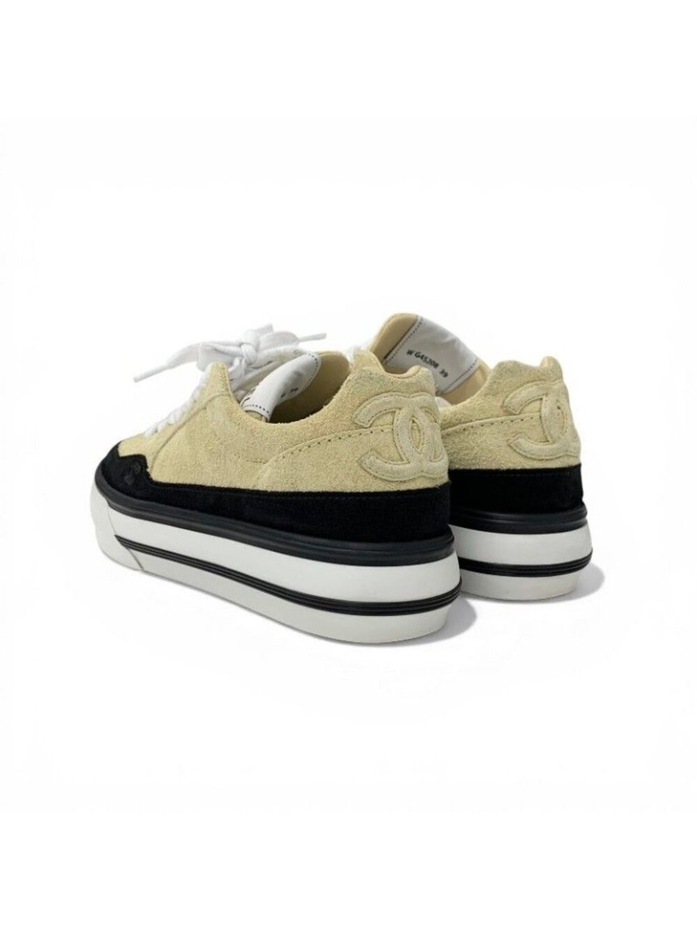 Chanel Sneakers Shoes Suede Beige Black White CC Logo - Picture 4 of 10